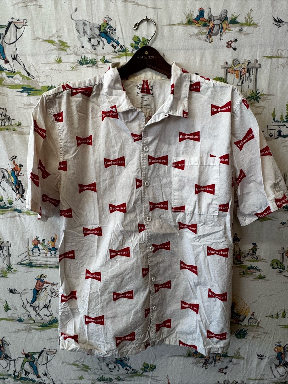 Vintage Budweiser White Short-Sleeve Button-Up Shirt - size large